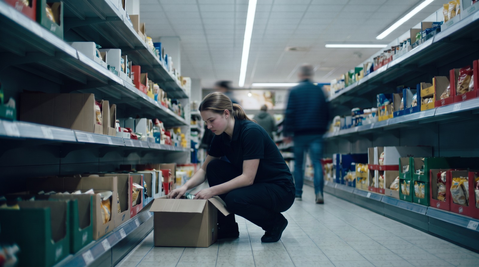 Dezelfde schaatsster vult later die dag schappen in een drukke supermarkt terwijl klanten langslopen